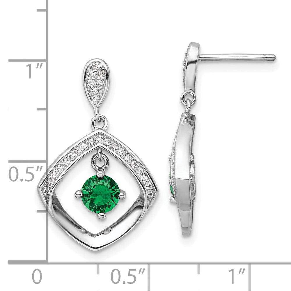 Sterling Silver RH-pltd Green Glass and Clear CZ Fancy Square Post Earrings