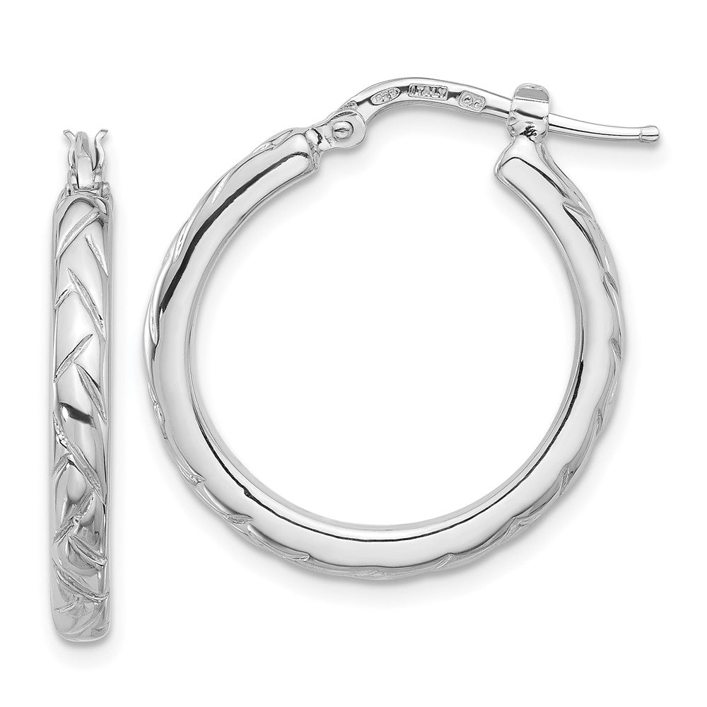 Sterling Silver Rhodium-plated Polished and Textured Hoop Earrings - 2