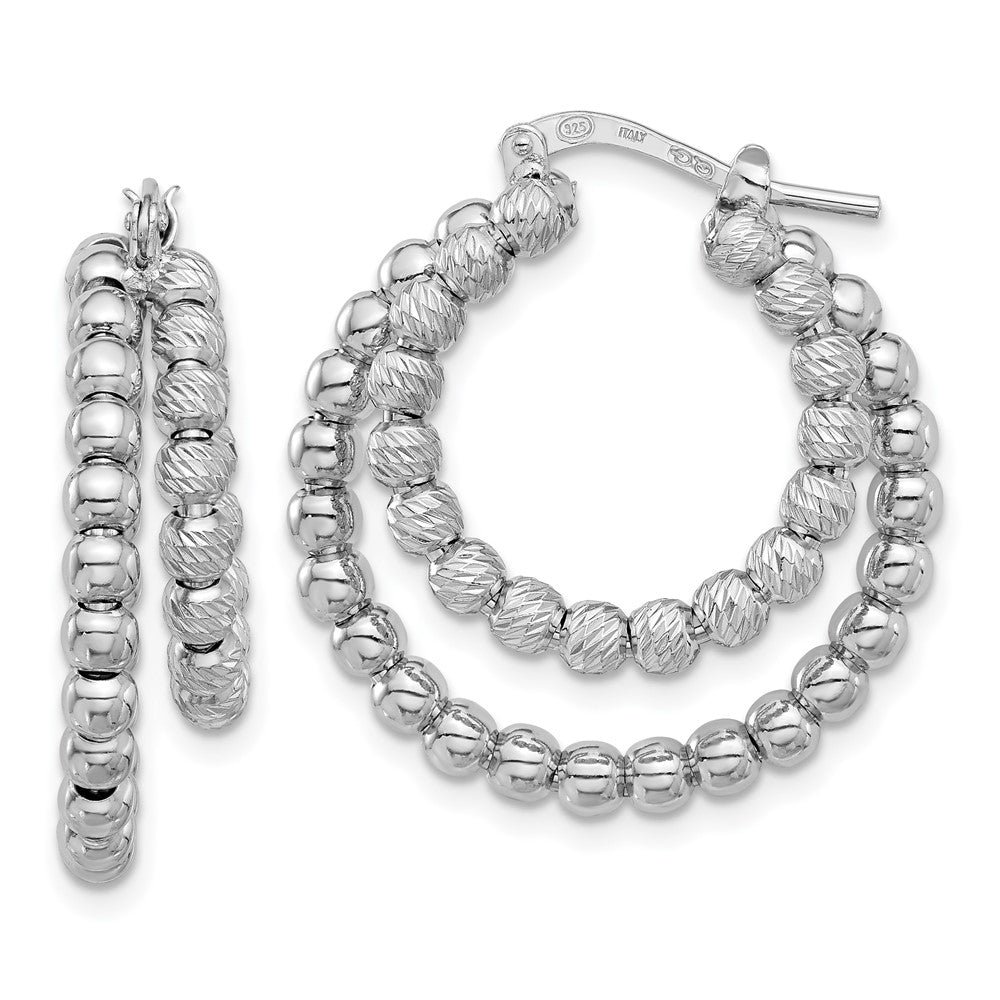 Sterling Silver Rhod-plated D/C Beaded Double Hoop Earrings