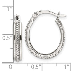 Sterling Silver Polished and Antiqued Striped 4mm Oval Hoop Earrings