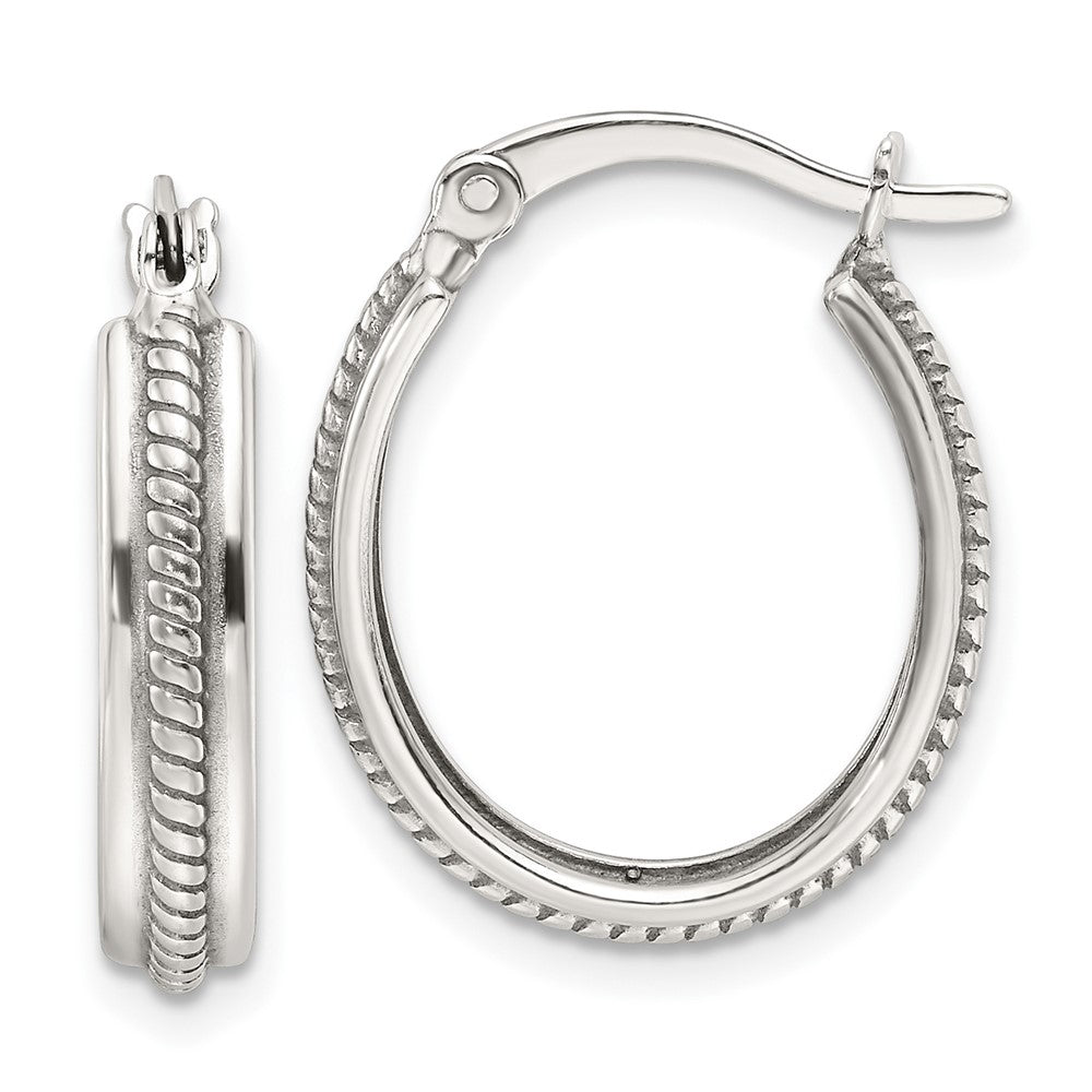 Sterling Silver Polished and Antiqued Striped 4mm Oval Hoop Earrings