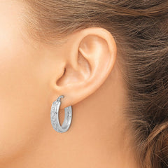 Sterling Silver Rhod-plated Polished and Textured Round Hoop Earrings