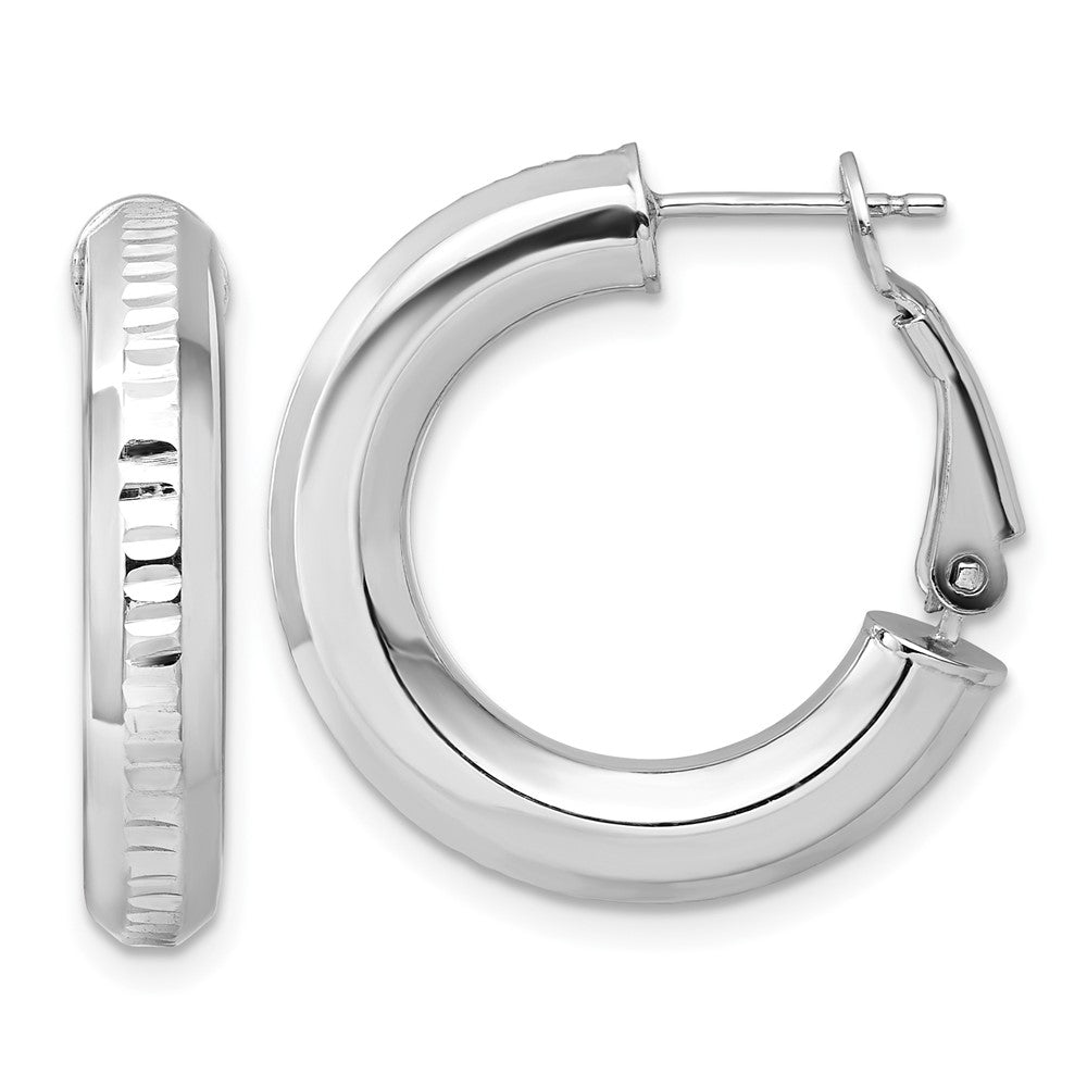 Sterling Silver RH-pltd D/C 4.75mm Omega Back Round Hoop Earrings - 2