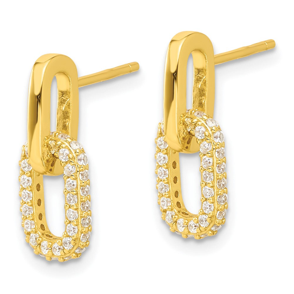 Sterling Silver Gold-tone Micro Pave CZ Link Design Post Dangle Earrings