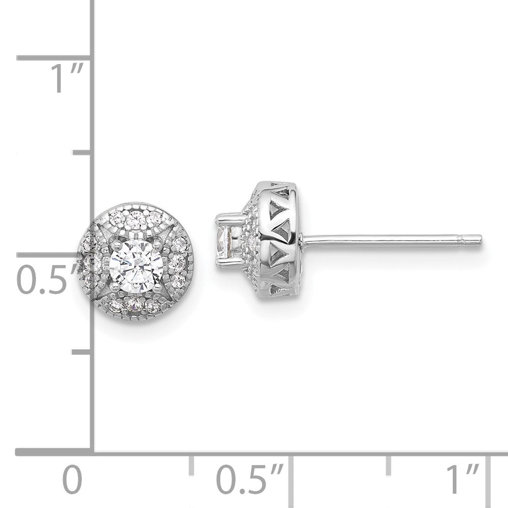 Sterling Silver Rhod-plated Textured Round CZ Cluster Post Earrings