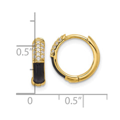 Sterling Silver Gold-tone Black Enamel CZ Hoop Earrings