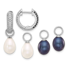 Sterling Silver Rhodium-plated 7-8mm Black and White Rice Freshwater Cultured Pearl and CZ Interchangeable Post Earrings Set - 2