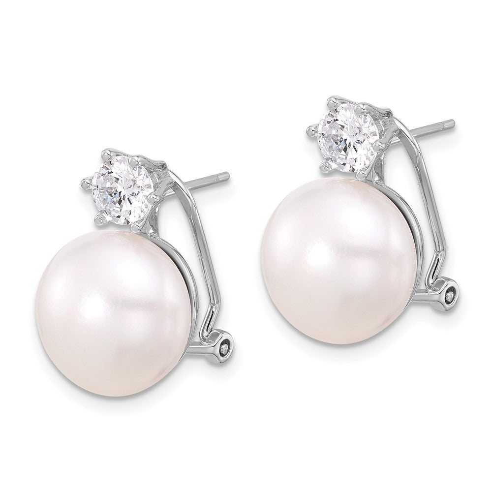 Sterling Silver Rhodium-plated 12-13mm White Freshwater Cultured Pearl and CZ Omega Back Earrings