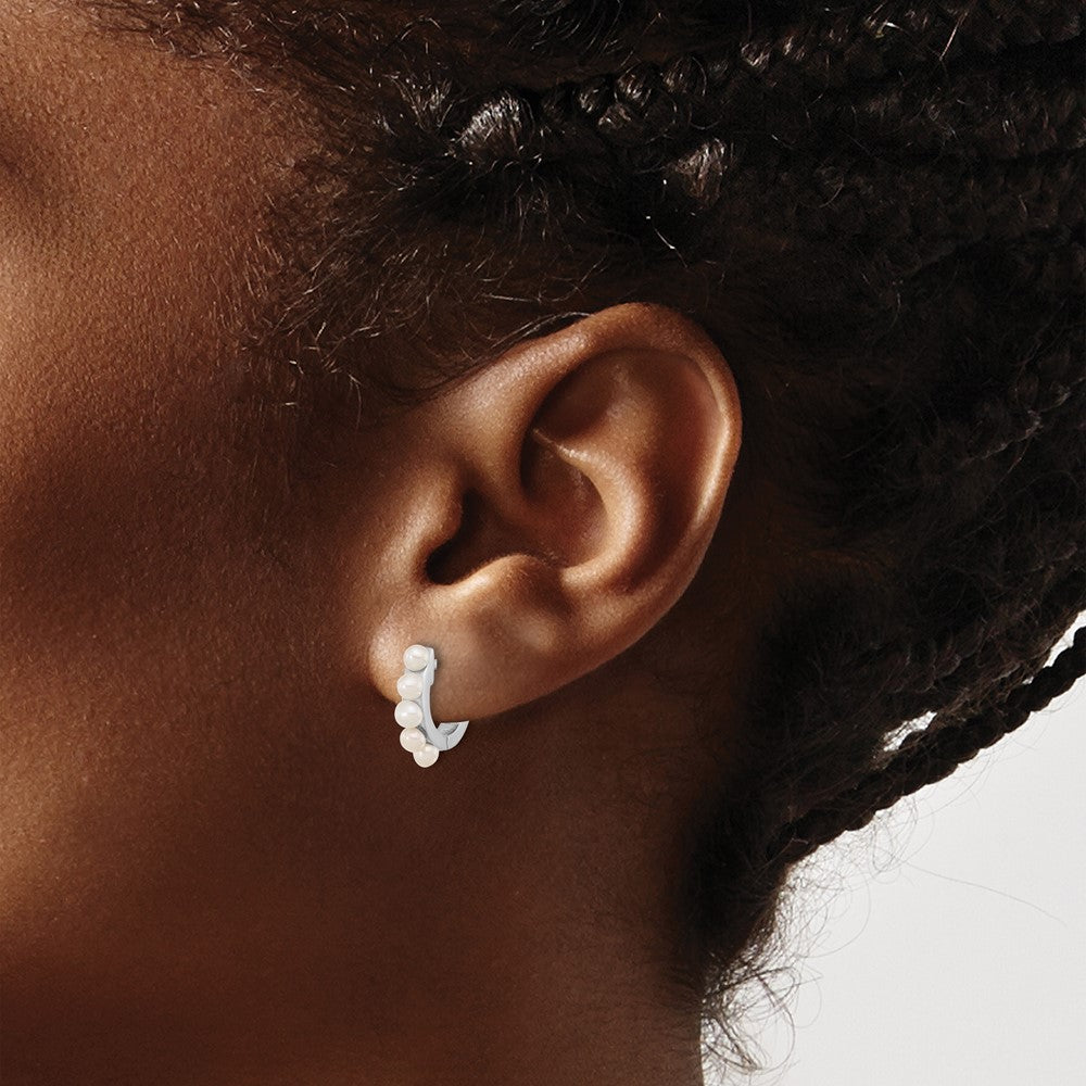 Sterling Silver Rhodium-plated 2.5-3mm White Button Freshwater Cultured Pearl Hinged Hoop Earrings