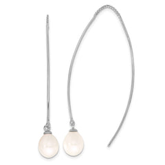 Sterling Silver Rhodium-plated 7-8mm White Teardrop Freshwater Cultured Pearl Threader Earrings - 2