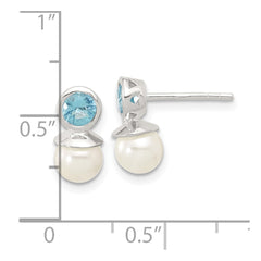 Sterling Silver Polished Blue CZ and 6-6.5mm Glass Pearl Post Earrings