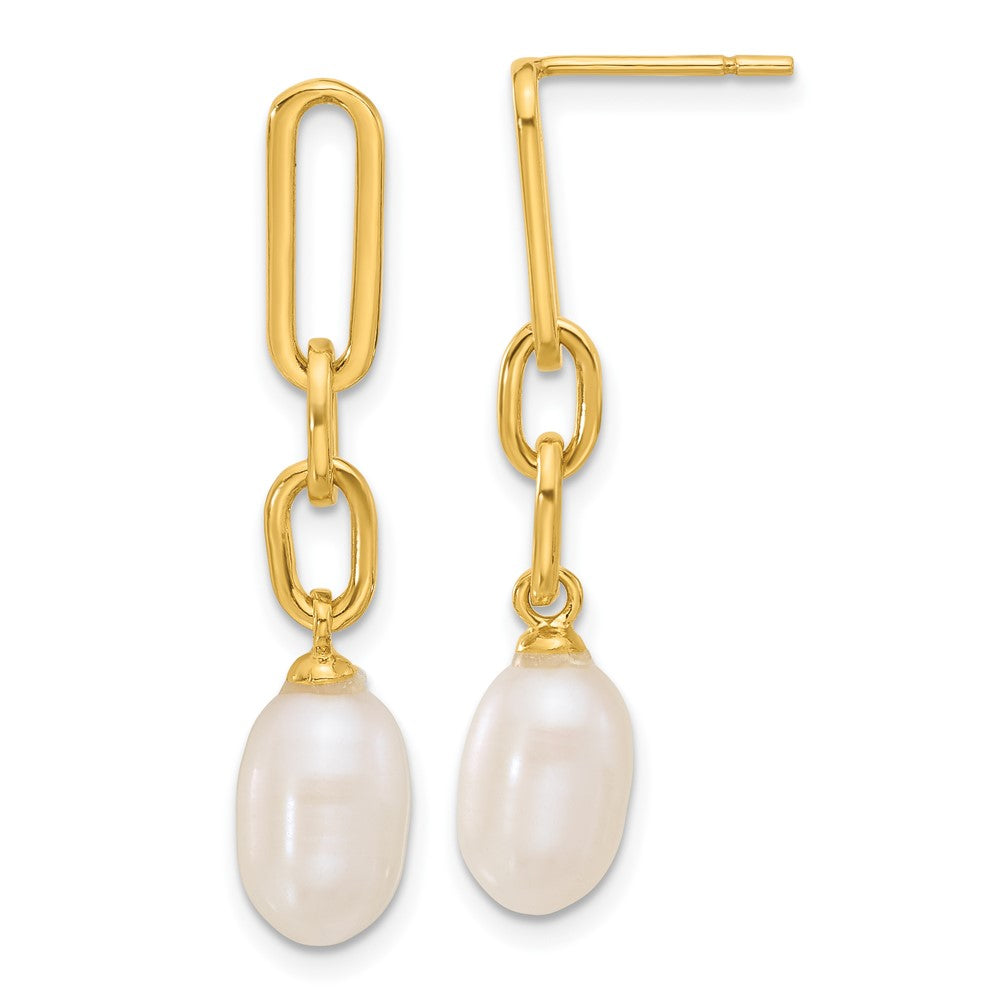 Sterling Silver Gold-tone Polished Synthetic Pearl Link Dangle Earrings