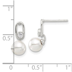 Sterling Silver E-coated Polished 6-7mm Shell Pearl and CZ Post Earrings