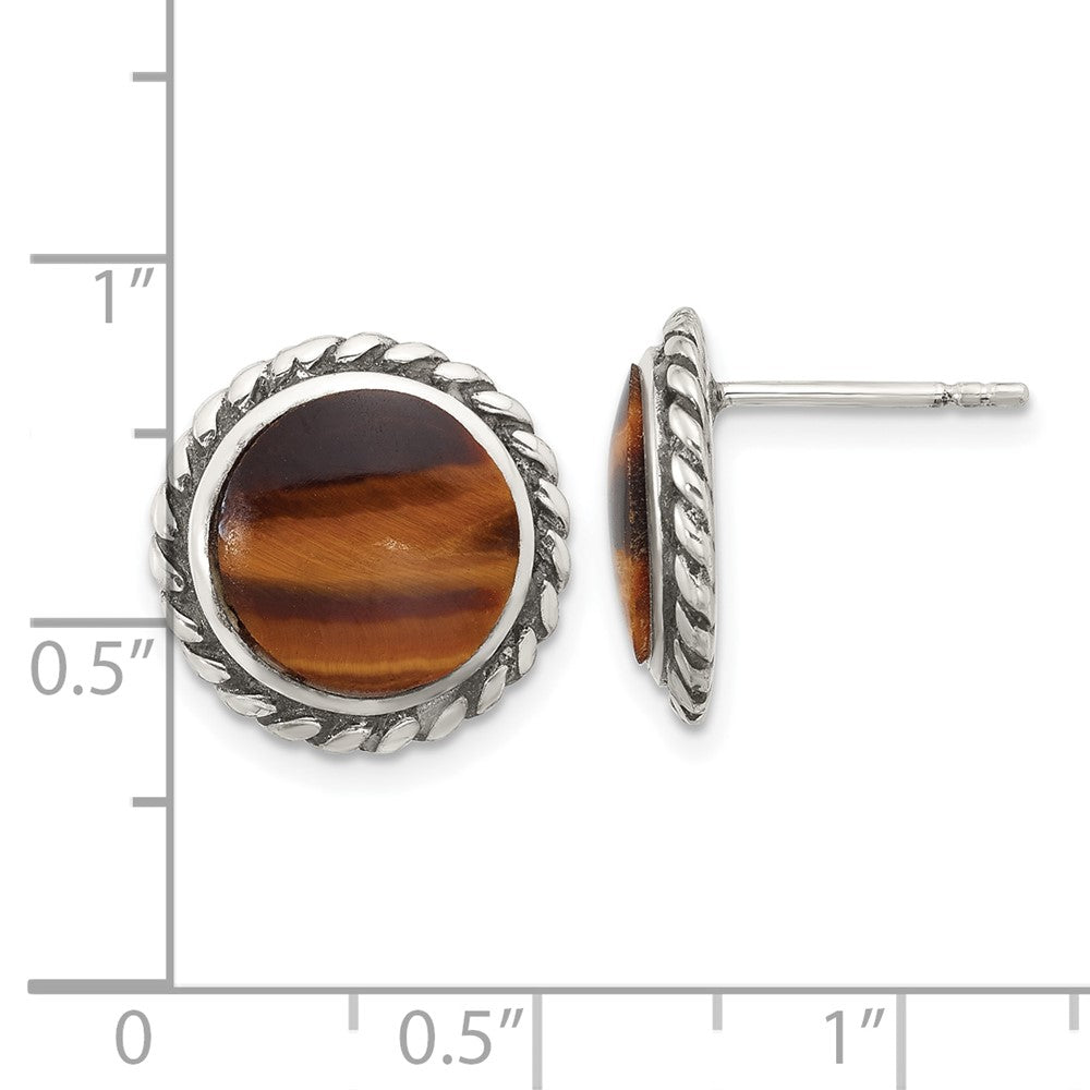 Sterling Silver Polished & Oxidized Twisted Edge Tiger's Eye Post Earrings