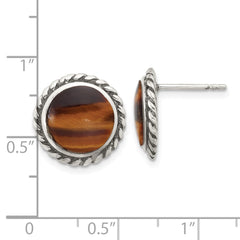 Sterling Silver Polished & Oxidized Twisted Edge Tiger's Eye Post Earrings