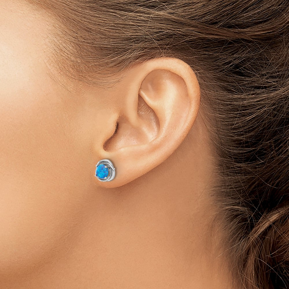 Sterling Silver RH-plated Polished Blue Cr. Opal Swirl Circle Post Earrings