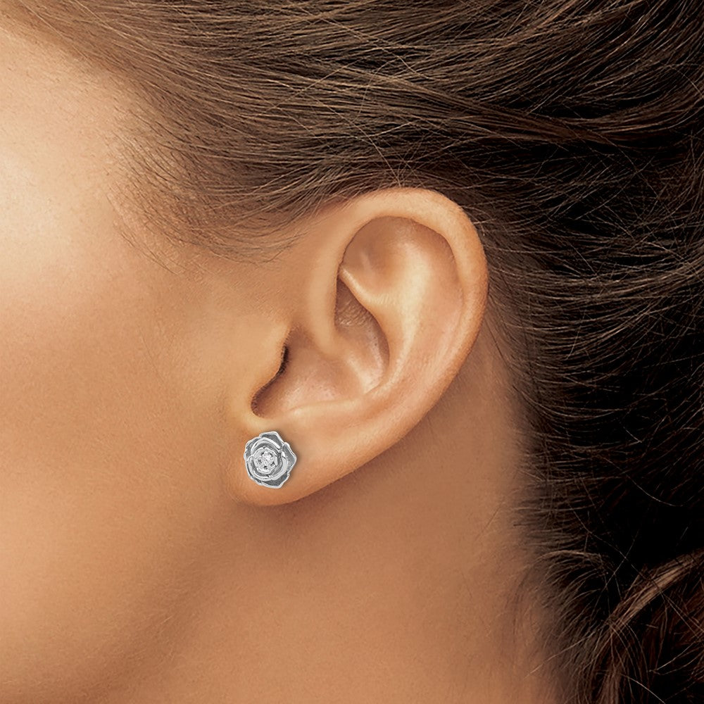 Sterling Silver Rhodium-plated CZ Flower Post Earrings - 6