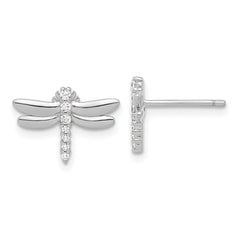 Sterling Silver Rhodium-plated CZ Dragonfly Post Earrings