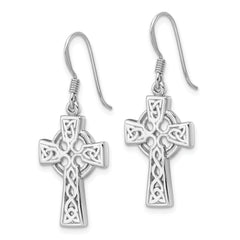 Sterling Silver Rhod-Plated Polished Dangle Celtic Cross Design Earrings