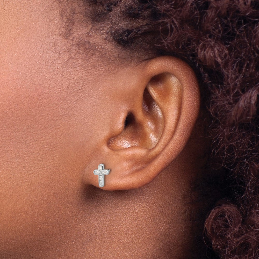 Sterling Silver Rhodium-plated Polished CZ Cross Post Earrings - 3
