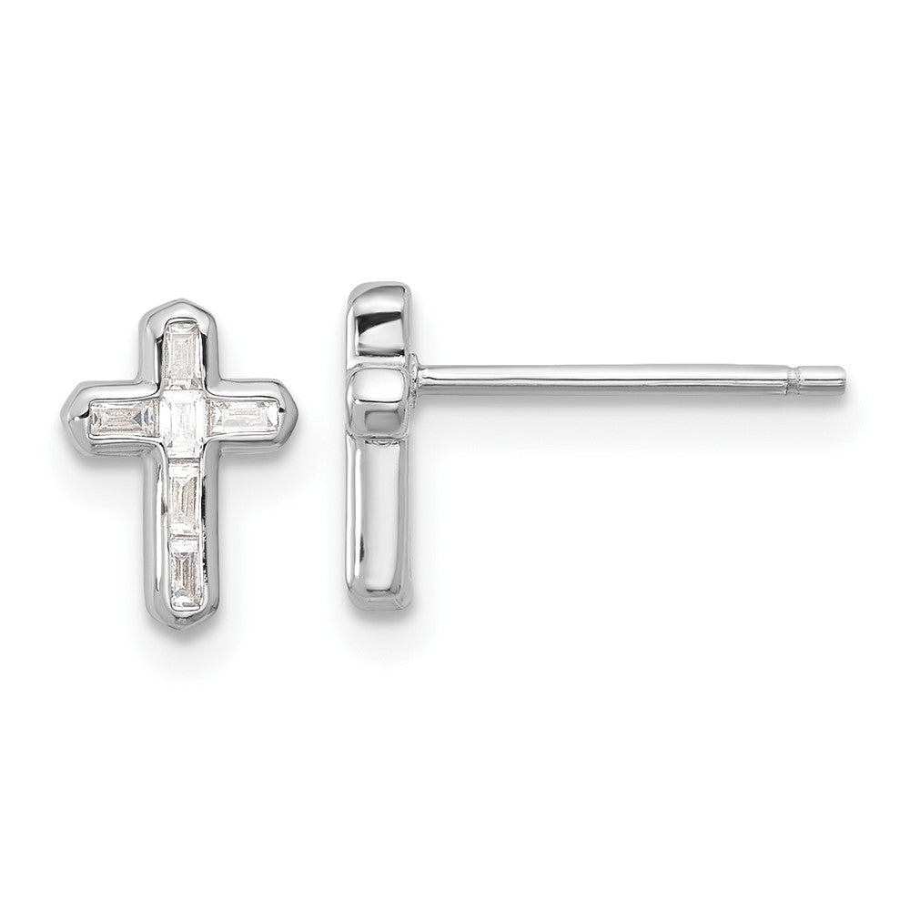 Sterling Silver Rhodium-plated Polished CZ Cross Post Earrings - 3