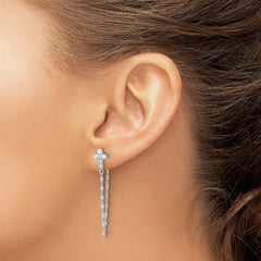 Sterling Silver RH-pltd CZ Cross w/Chain Front & Back Post Dangle Earrings
