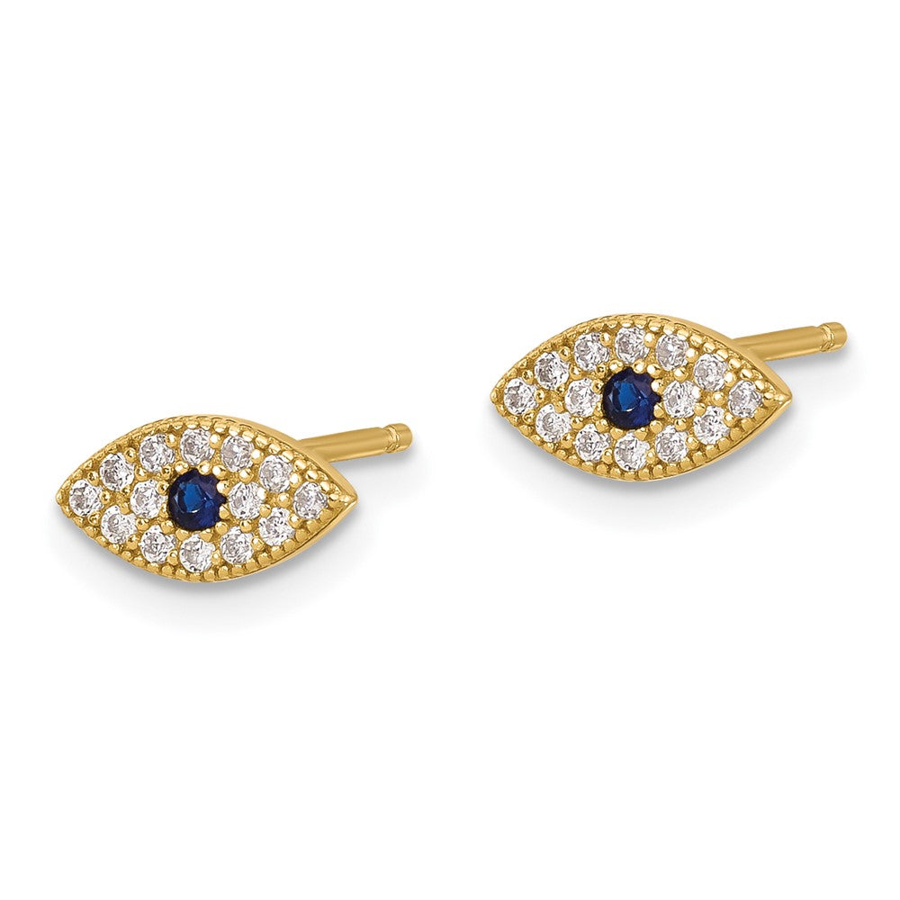 Sterling Silver Gold-tone CZ & Synthetic Blue Spinel Evil Eye Post Earrings
