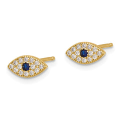 Sterling Silver Gold-tone CZ & Synthetic Blue Spinel Evil Eye Post Earrings