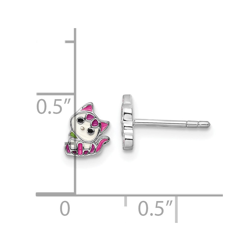 Sterling Silver Rhodium-plated Multicolor Enameled Kitty Children's Post Earring