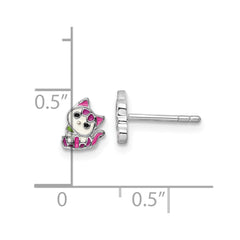 Sterling Silver Rhodium-plated Multicolor Enameled Kitty Children's Post Earring