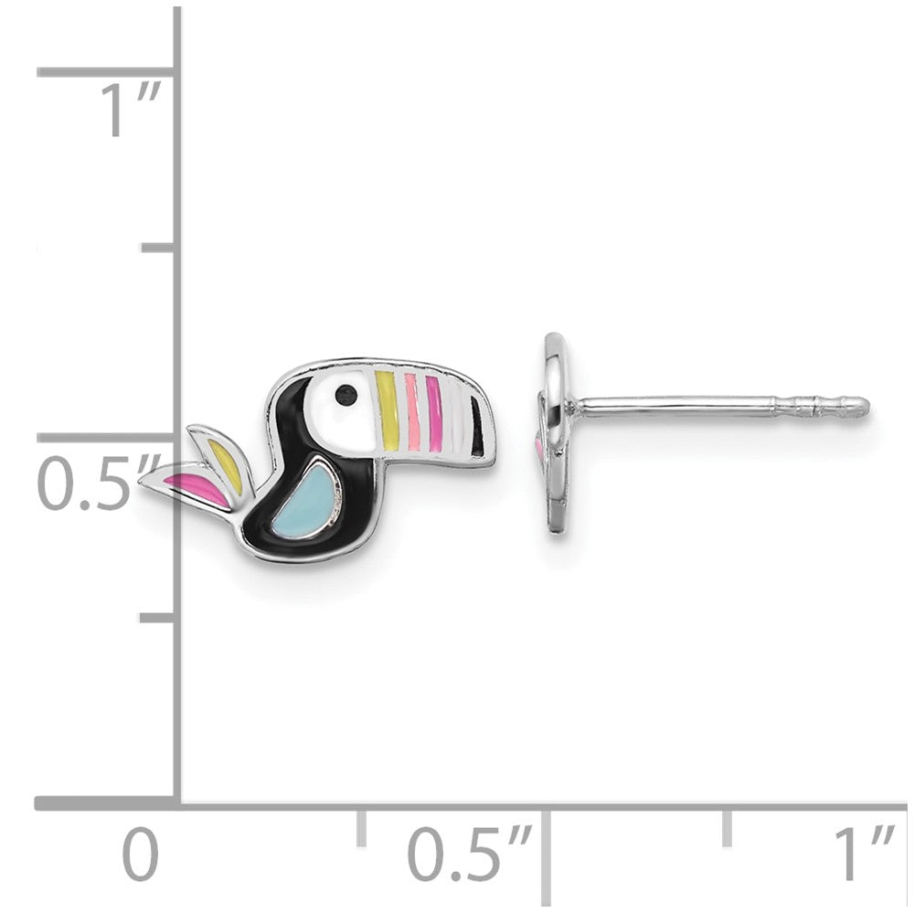 Sterling Silver Rhodium-plated Polished Multi-color Enameled Toucan Bird Children's Post Earrings