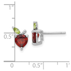 Sterling Silver Rhodium-plated Garnet and Peridot Apple Post Earrings