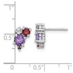 Sterling Silver Rhodium-pl Amethyst Garnet and White Topaz Post Earrings