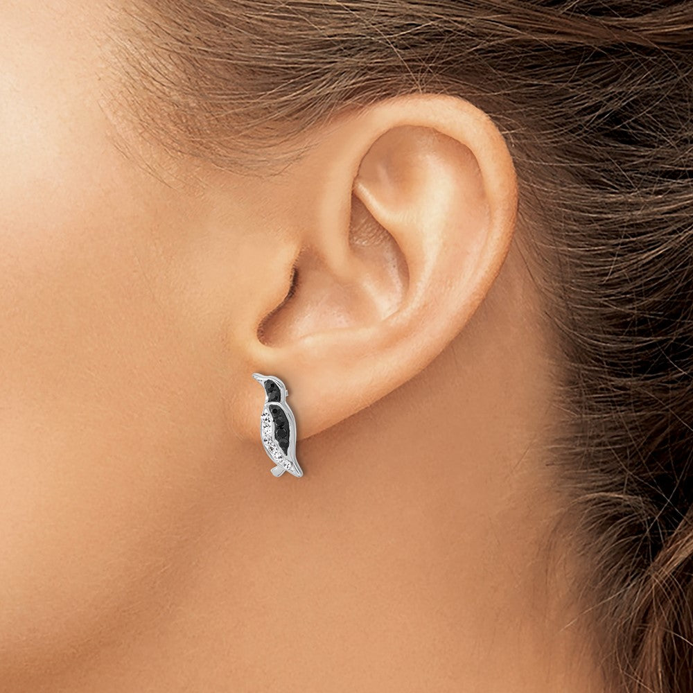 Sterling Silver Rh-plated Polished Crystal Penguin Post Earrings