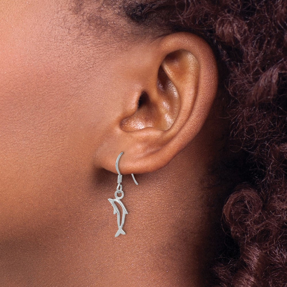 Sterling Silver Rhodium-plated Polished Dolphin Dangle Earrings - 2