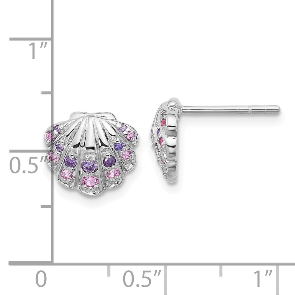 Sterling Silver Rh-plated Polished CZ Shell Post Earrings