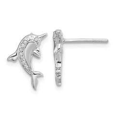 Sterling Silver Rhodium-plated Polished CZ Dolphin Post Earrings