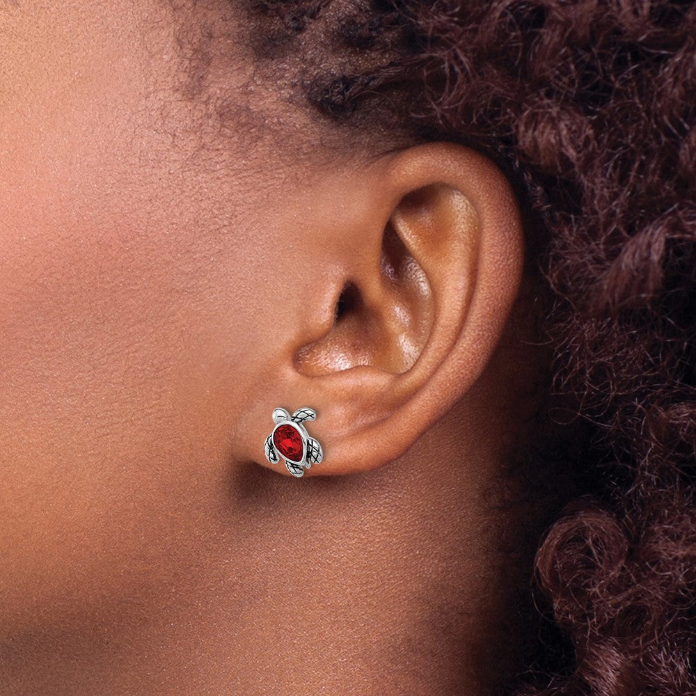 Sterling Silver Rhodium-plated Polished and Antiqued Red Crystal July Birthstone Turtle Earrings