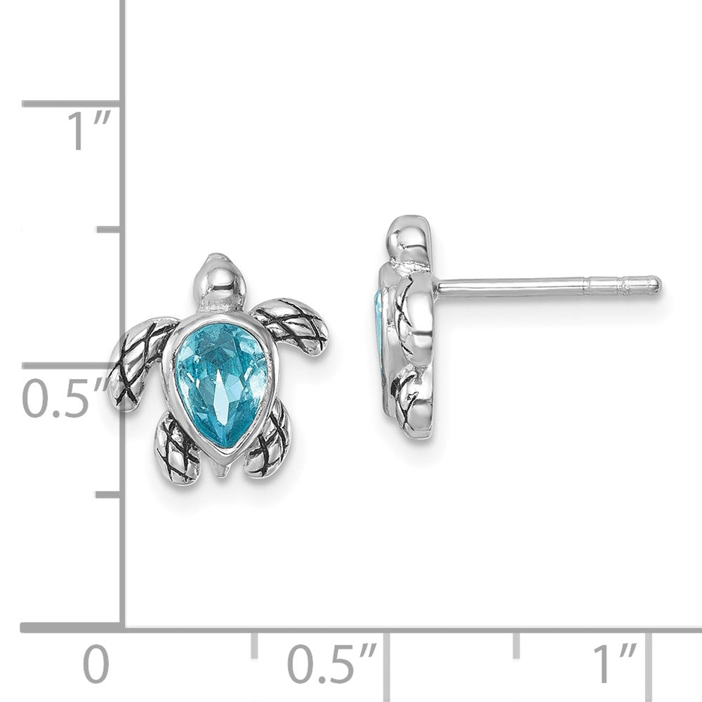 Sterling Silver Rhodium-plated Polished and Antiqued Blue Crystal March Turtle Post Earrings