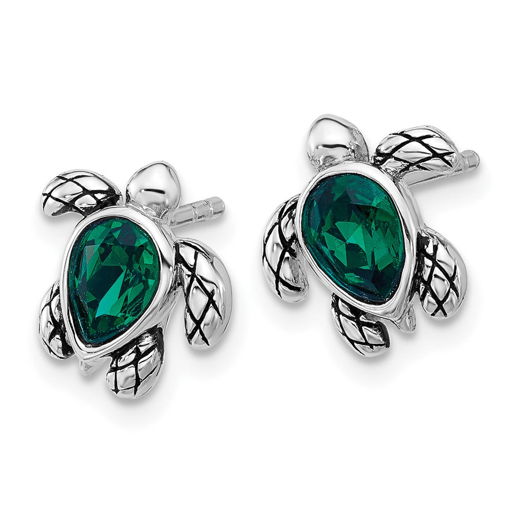 Sterling Silver Rhodium-plated Polished and Antiqued Green Crystal May Birthstone Turtle Earrings