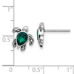 Sterling Silver Rhodium-plated Polished and Antiqued Green Crystal May Birthstone Turtle Earrings