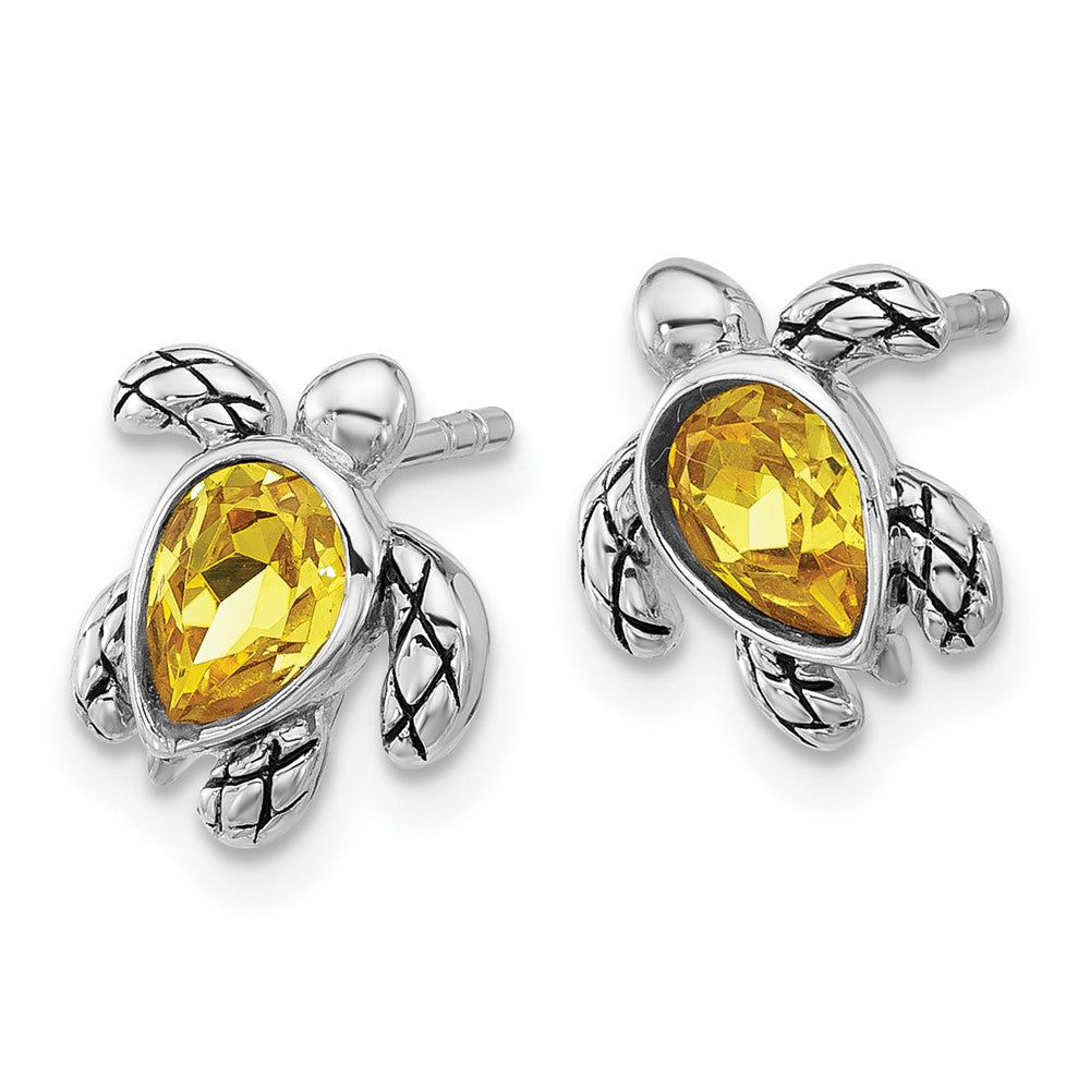 Sterling Silver Rhodium-plated Polished and Antiqued Yellow Crystal November Birthstone Turtle Earrings