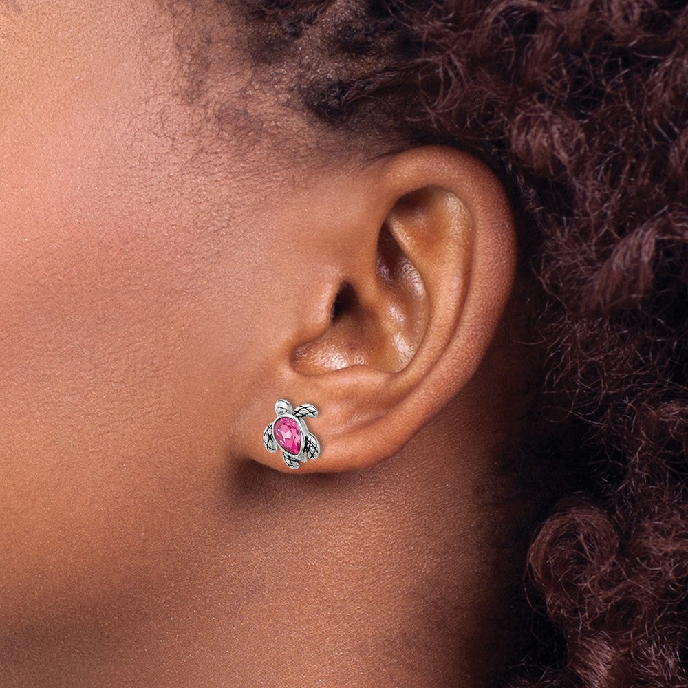 Sterling Silver Rhodium-plated Polished and Antiqued Pink Crystal October Birthstone Turtle Earrings
