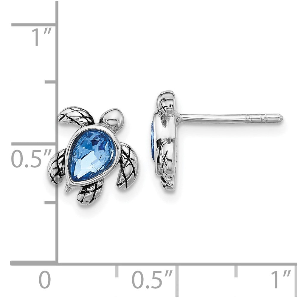 Sterling Silver Rhodium-plated Polished Antiqued Blue Crystal September Birthstone Turtle Earrings
