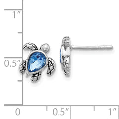 Sterling Silver Rhodium-plated Polished Antiqued Blue Crystal September Birthstone Turtle Earrings