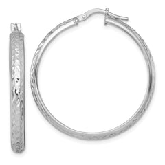 Sterling Silver Rhodium-plated Polished and Diamond-cut 4.00 x 35mm Tube Hoop Earrings