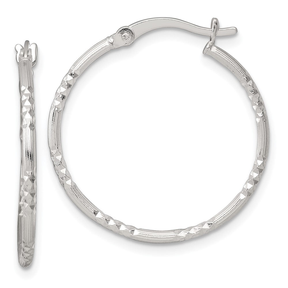 Sterling Silver Polished Diamond-cut Textured 25x1.5mm Round Hoop Earrings