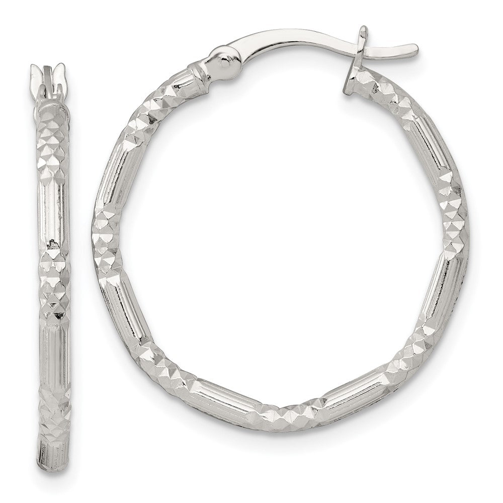 Sterling Silver Polished Diamond-cut Textured 25x2.25mm Round Hoop Earrings