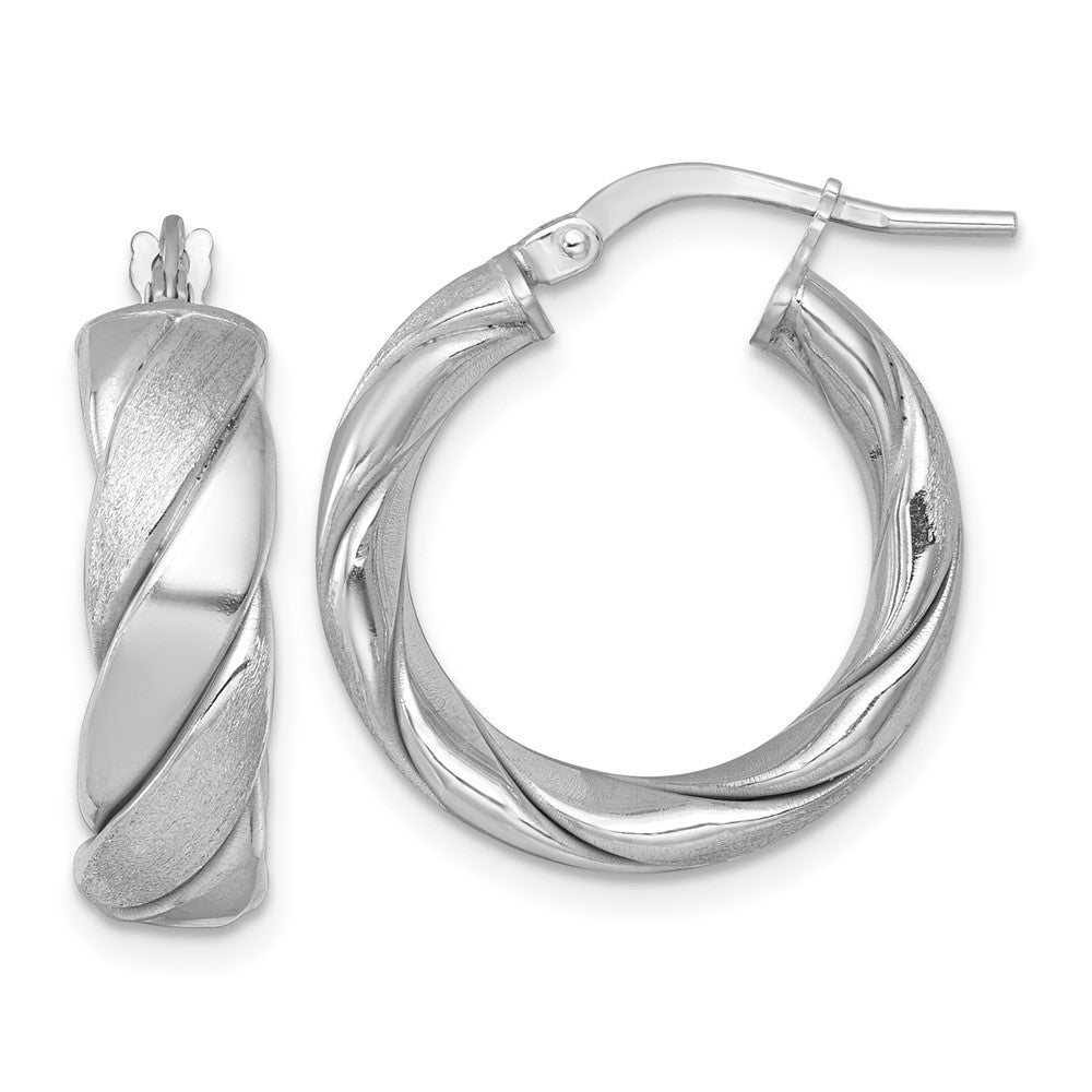 Sterling Silver Rhodium-plated Polished Brushed/Textured 6.00mm x 22mm Tube Hoop Earrings