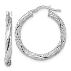 Sterling Silver Rhodium-plated Polished Textured and Twisted 3.00 x 25mm Round Hoop Earrings